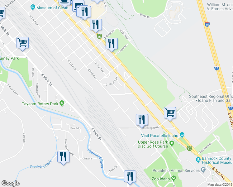 map of restaurants, bars, coffee shops, grocery stores, and more near 1856 South 3rd Avenue in Pocatello