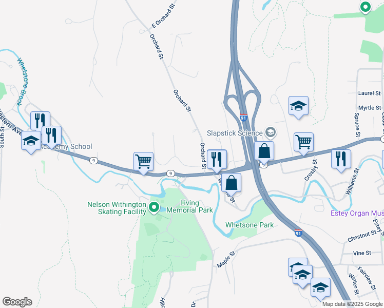 map of restaurants, bars, coffee shops, grocery stores, and more near 86 Orchard Street in Brattleboro