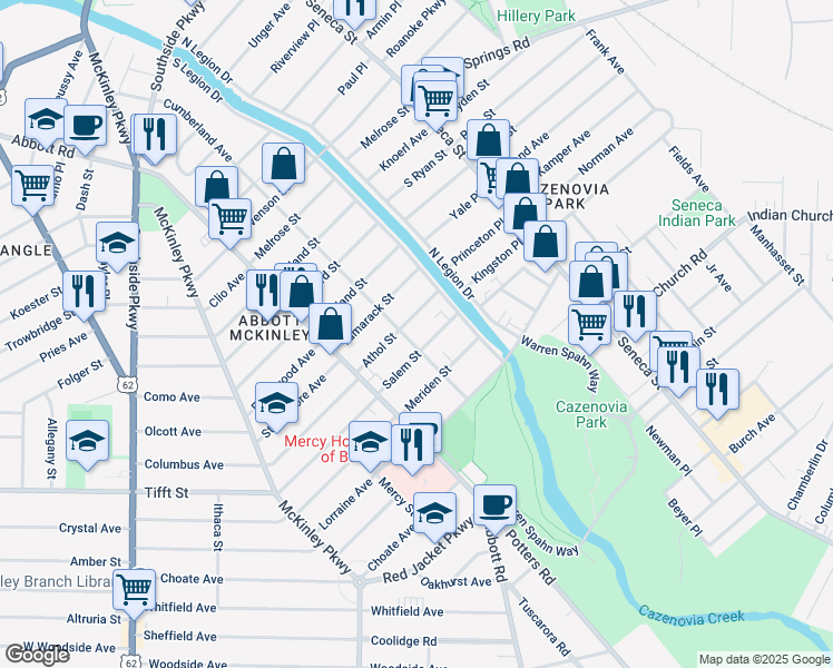map of restaurants, bars, coffee shops, grocery stores, and more near 82 Athol Street in Buffalo