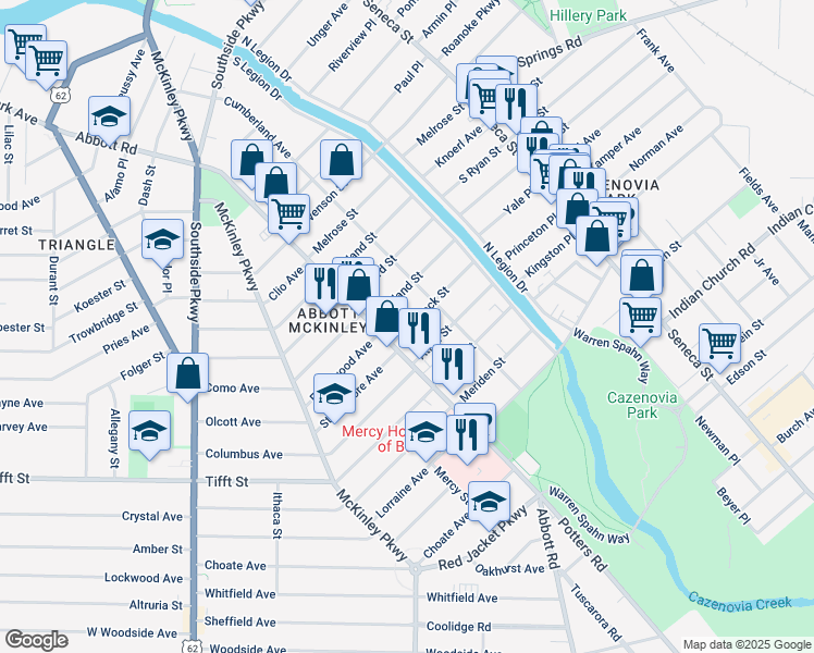 map of restaurants, bars, coffee shops, grocery stores, and more near 21 Portland Street in Buffalo