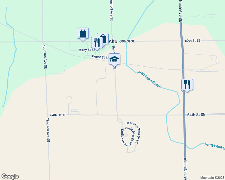 map of restaurants, bars, coffee shops, grocery stores, and more near 6257 Bancroft Avenue Southeast in Alto