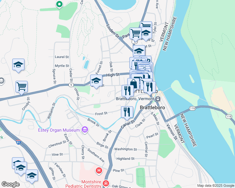 map of restaurants, bars, coffee shops, grocery stores, and more near 11 Spring Street in Brattleboro