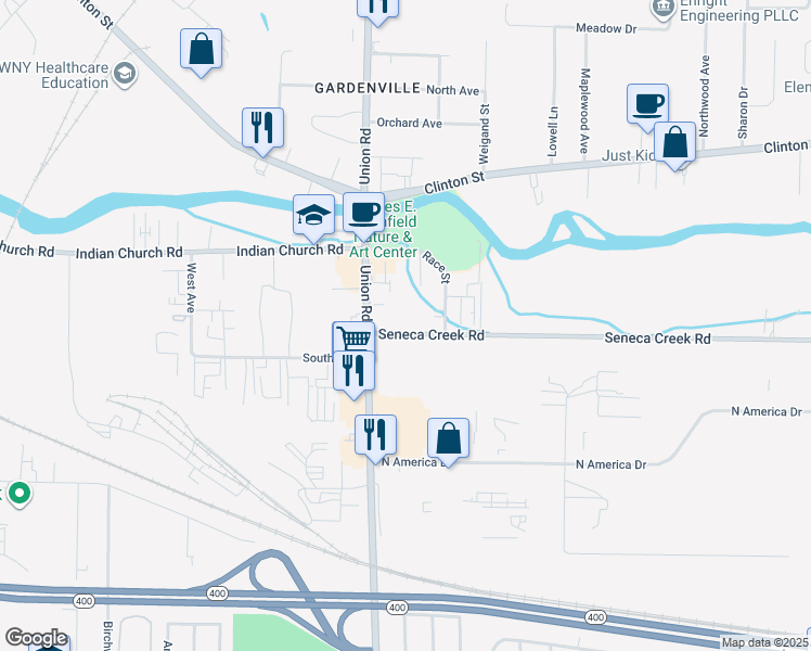 map of restaurants, bars, coffee shops, grocery stores, and more near 40 Seneca Creek Road in West Seneca