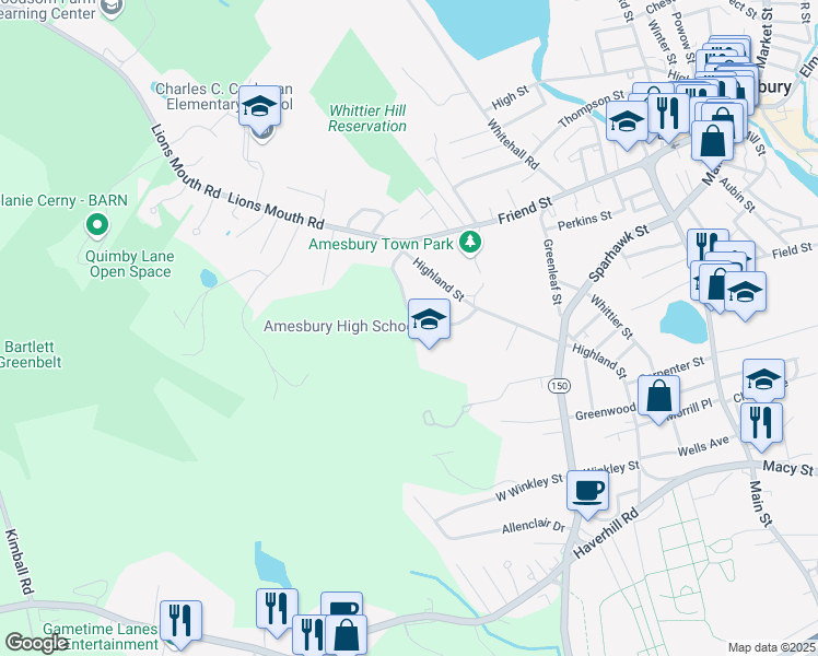 map of restaurants, bars, coffee shops, grocery stores, and more near 5 Highland Street in Amesbury