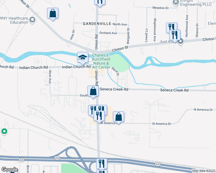 map of restaurants, bars, coffee shops, grocery stores, and more near 40 Seneca Creek Road in West Seneca
