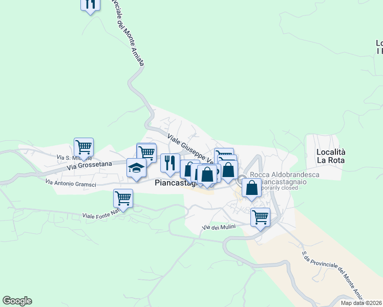 map of restaurants, bars, coffee shops, grocery stores, and more near 17 Strada Provinciale del Monte Amiata in Piancastagnaio