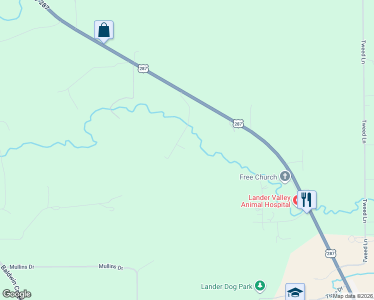 map of restaurants, bars, coffee shops, grocery stores, and more near 50 Golden Willow Road in Lander