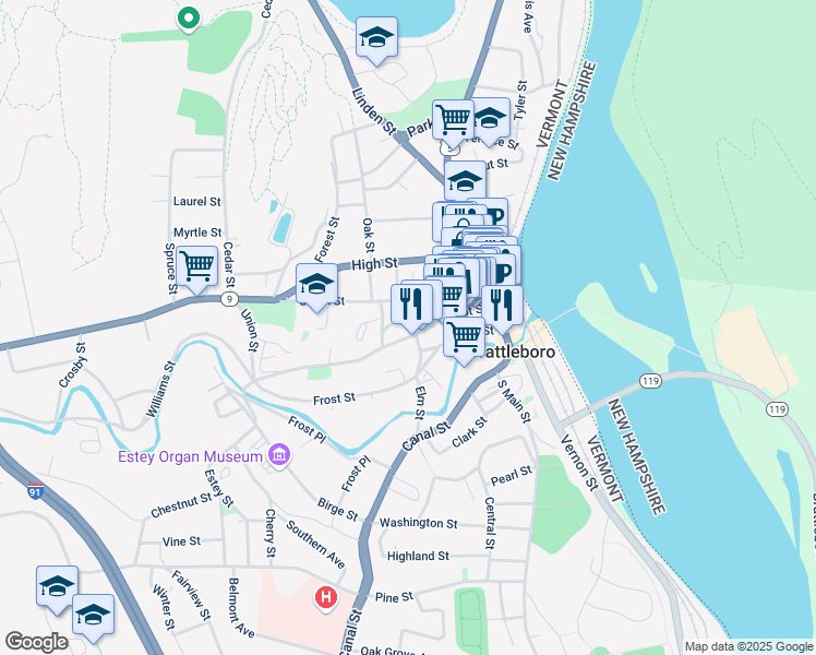 map of restaurants, bars, coffee shops, grocery stores, and more near 14 Church Street in Brattleboro