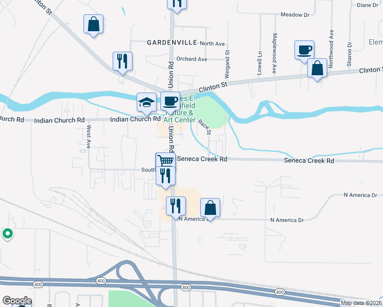 map of restaurants, bars, coffee shops, grocery stores, and more near 40 Seneca Creek Road in West Seneca