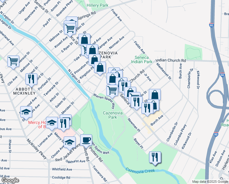map of restaurants, bars, coffee shops, grocery stores, and more near 2238 Seneca Street in Buffalo