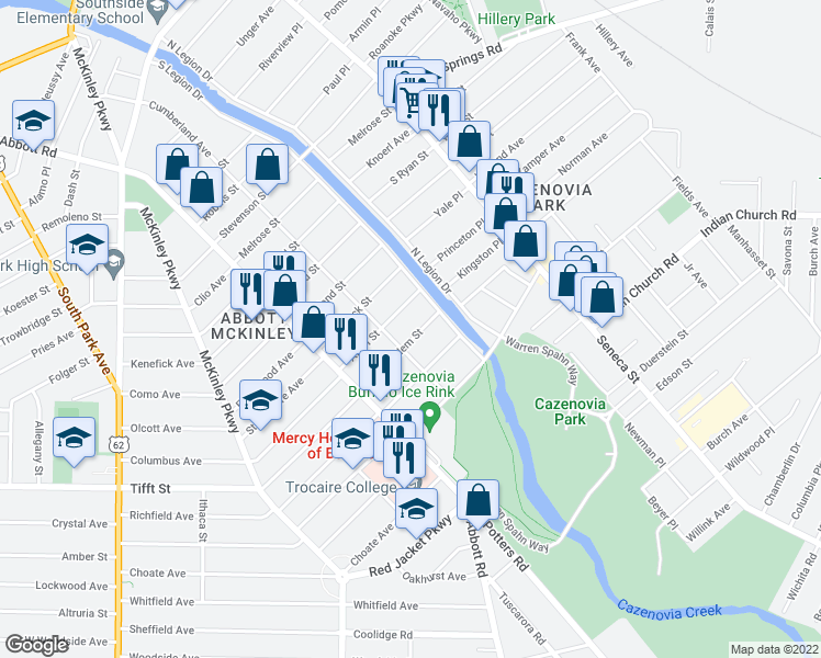 map of restaurants, bars, coffee shops, grocery stores, and more near 82 Athol Street in Buffalo