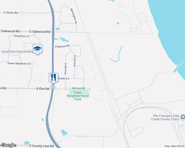 map of restaurants, bars, coffee shops, grocery stores, and more near 10566 South Barton Road in Oak Creek