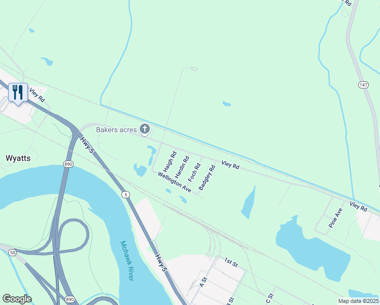 map of restaurants, bars, coffee shops, grocery stores, and more near Vley Road & Hardin Road in Schenectady