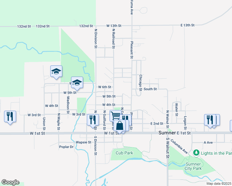 map of restaurants, bars, coffee shops, grocery stores, and more near 510 North Railroad Street in Sumner