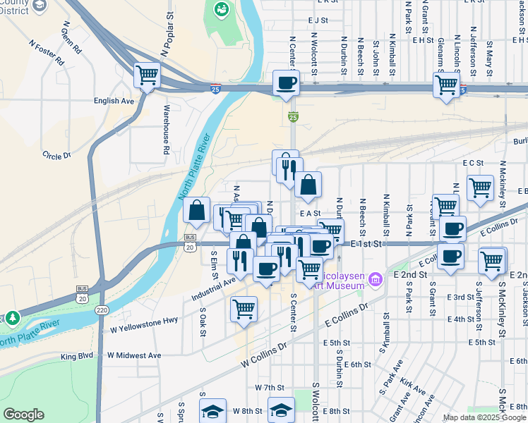 map of restaurants, bars, coffee shops, grocery stores, and more near 200 North David Street in Casper