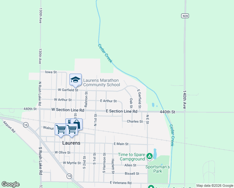 map of restaurants, bars, coffee shops, grocery stores, and more near 201-299 East Garfield Street in Laurens