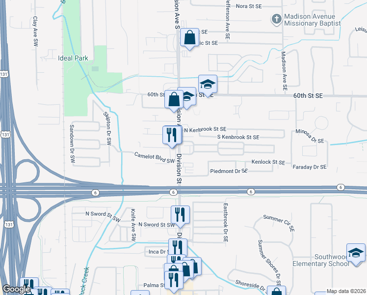 map of restaurants, bars, coffee shops, grocery stores, and more near 6150 Division Avenue South in Grand Rapids