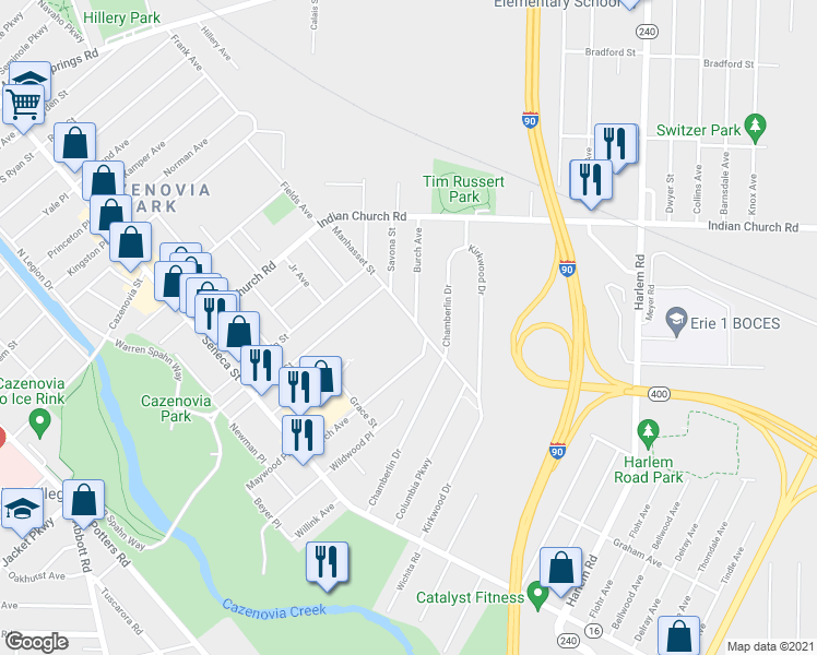 map of restaurants, bars, coffee shops, grocery stores, and more near 145 Manhasset Street in Buffalo