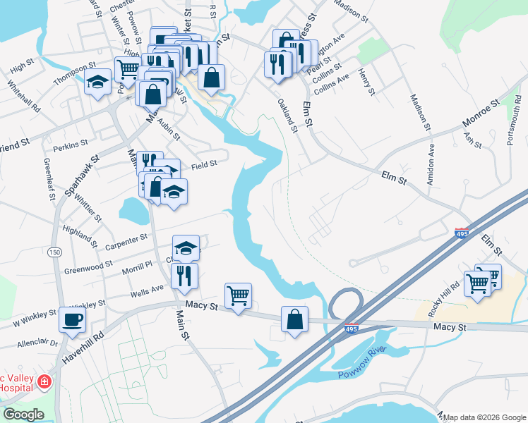 map of restaurants, bars, coffee shops, grocery stores, and more near 6 River Street in Amesbury