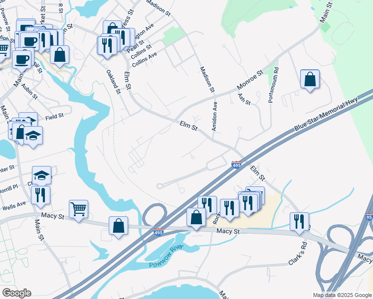 map of restaurants, bars, coffee shops, grocery stores, and more near 10 Cote Street in Amesbury