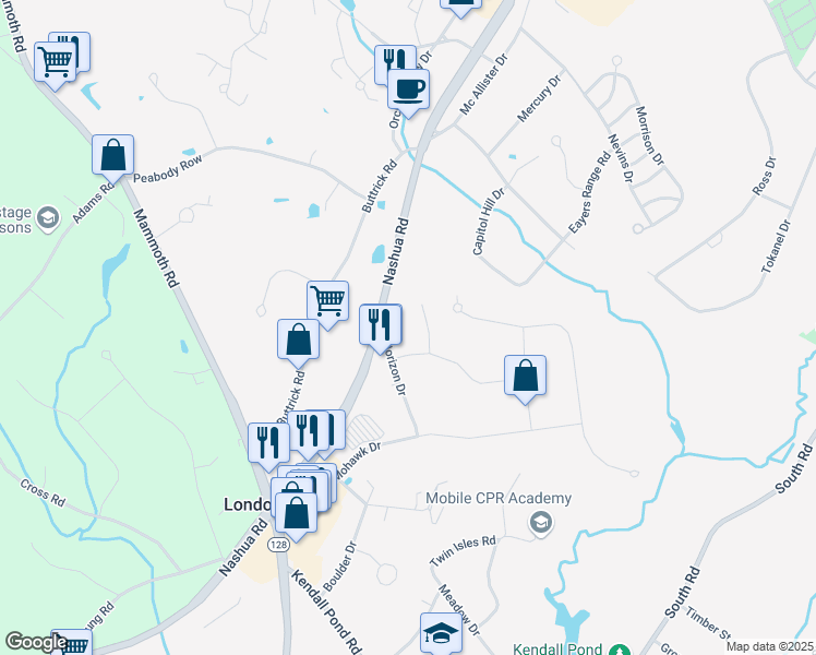 map of restaurants, bars, coffee shops, grocery stores, and more near 1 Button Drive in Londonderry