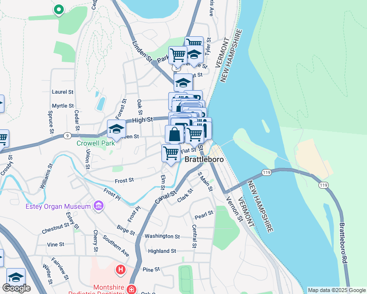 map of restaurants, bars, coffee shops, grocery stores, and more near 69A Elliot Street in Brattleboro