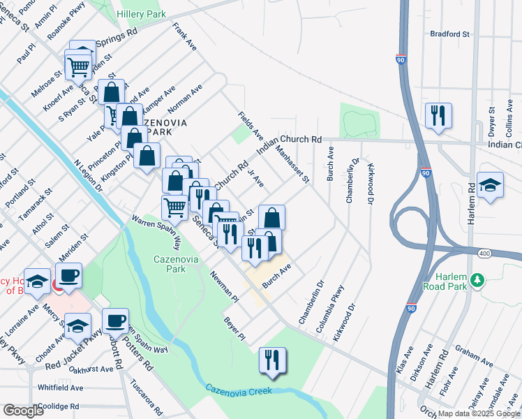 map of restaurants, bars, coffee shops, grocery stores, and more near 92 Duerstein Street in Buffalo