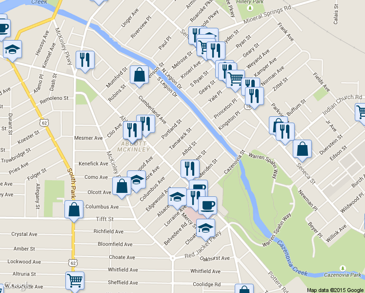 map of restaurants, bars, coffee shops, grocery stores, and more near 315 Cumberland Avenue in Buffalo