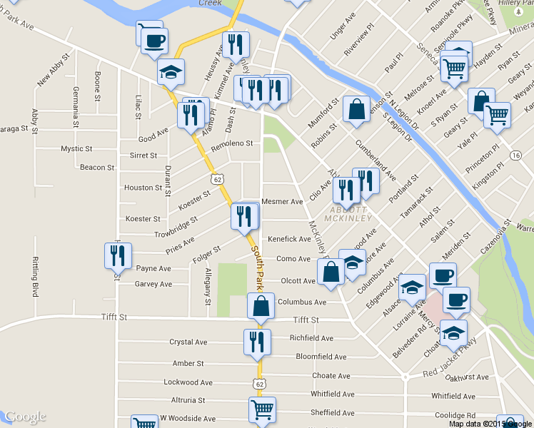 map of restaurants, bars, coffee shops, grocery stores, and more near 121 Southside Parkway in Buffalo
