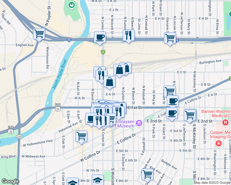 map of restaurants, bars, coffee shops, grocery stores, and more near 225 North Wolcott Street in Casper
