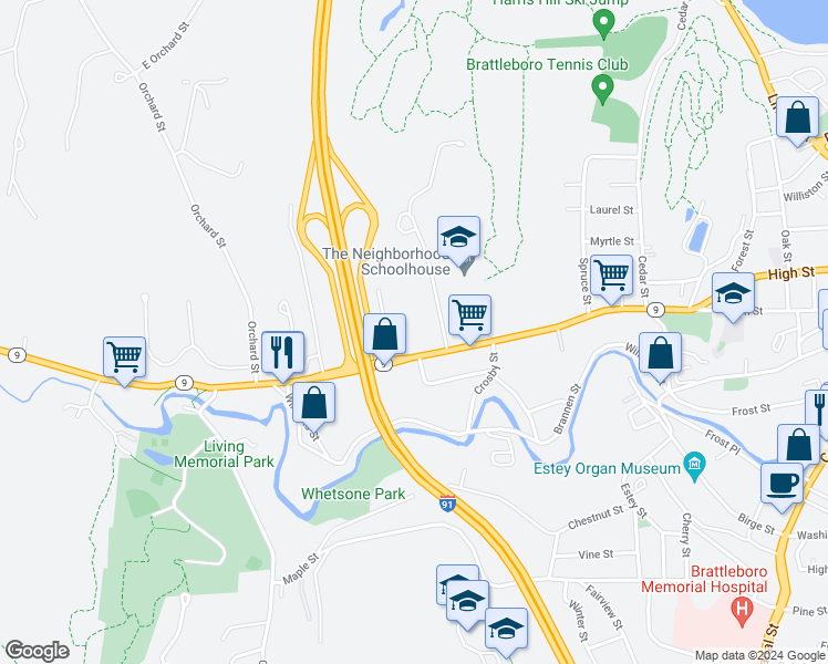 map of restaurants, bars, coffee shops, grocery stores, and more near 301 Western Avenue in Brattleboro