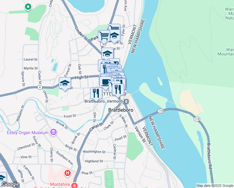 map of restaurants, bars, coffee shops, grocery stores, and more near 82 Main Street in Brattleboro