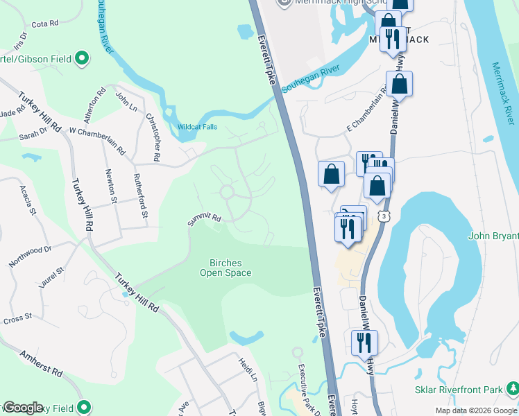 map of restaurants, bars, coffee shops, grocery stores, and more near 2 Wellington Circle in Merrimack