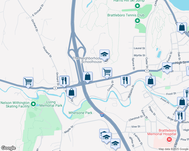 map of restaurants, bars, coffee shops, grocery stores, and more near 301 Western Avenue in Brattleboro