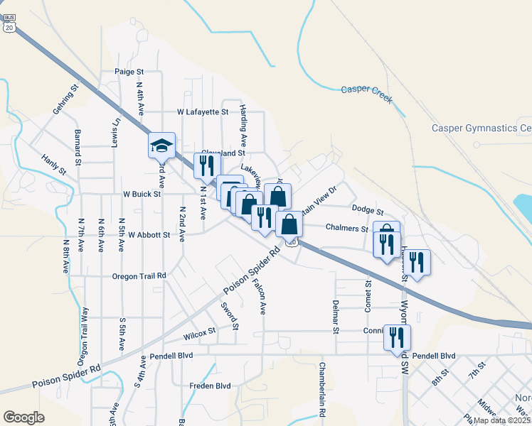 map of restaurants, bars, coffee shops, grocery stores, and more near 236 Crescent Drive in Mills