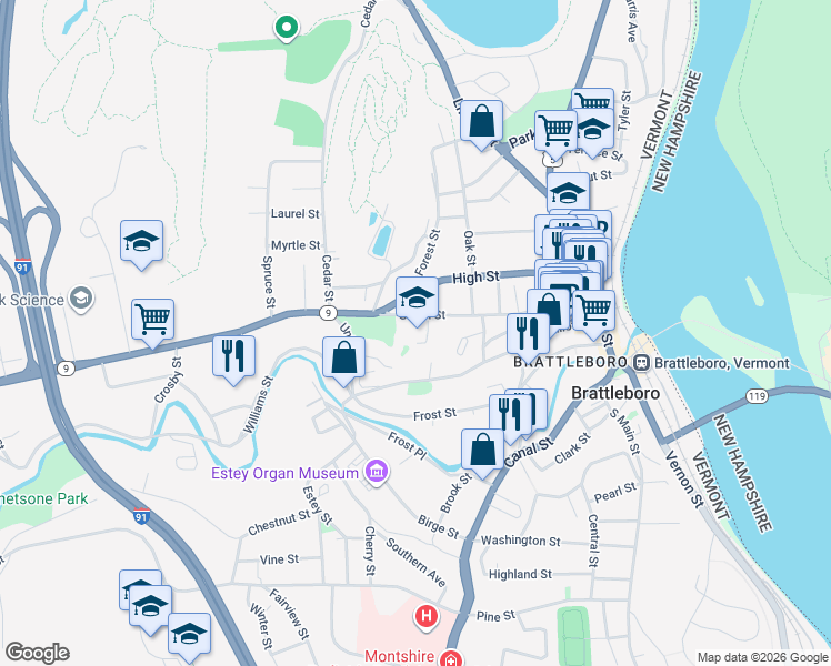 map of restaurants, bars, coffee shops, grocery stores, and more near 164 Green Street in Brattleboro