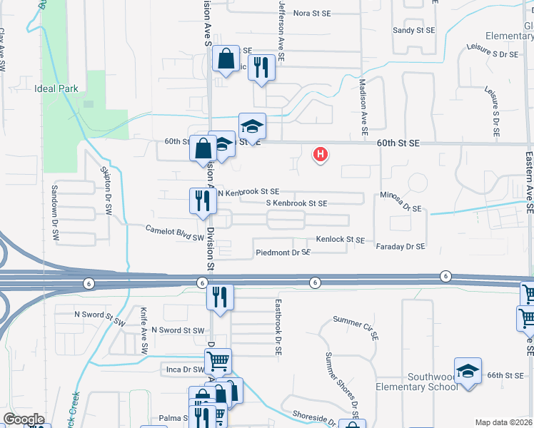 map of restaurants, bars, coffee shops, grocery stores, and more near 201 North Green Meadows Street Southeast in Grand Rapids
