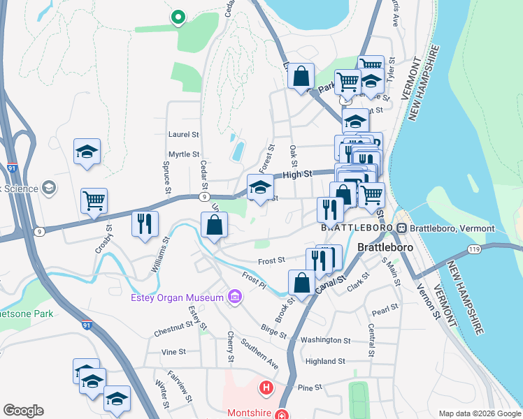 map of restaurants, bars, coffee shops, grocery stores, and more near 164 Green Street in Brattleboro
