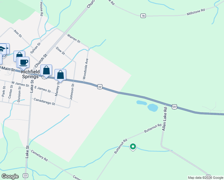 map of restaurants, bars, coffee shops, grocery stores, and more near 270 West Main Street in Richfield Springs