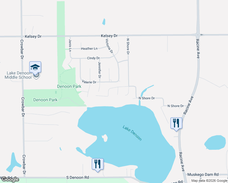 map of restaurants, bars, coffee shops, grocery stores, and more near S106W20566 North Shore Drive in Muskego
