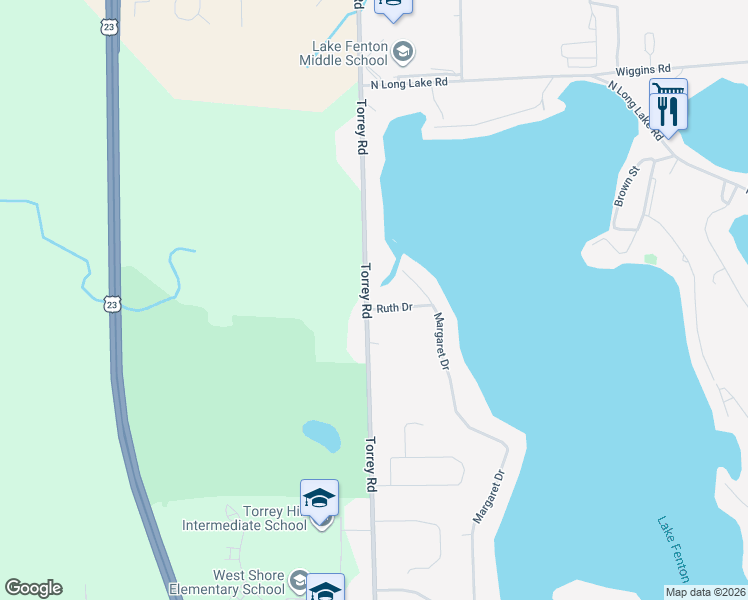 map of restaurants, bars, coffee shops, grocery stores, and more near 12147 Torrey Road in Fenton