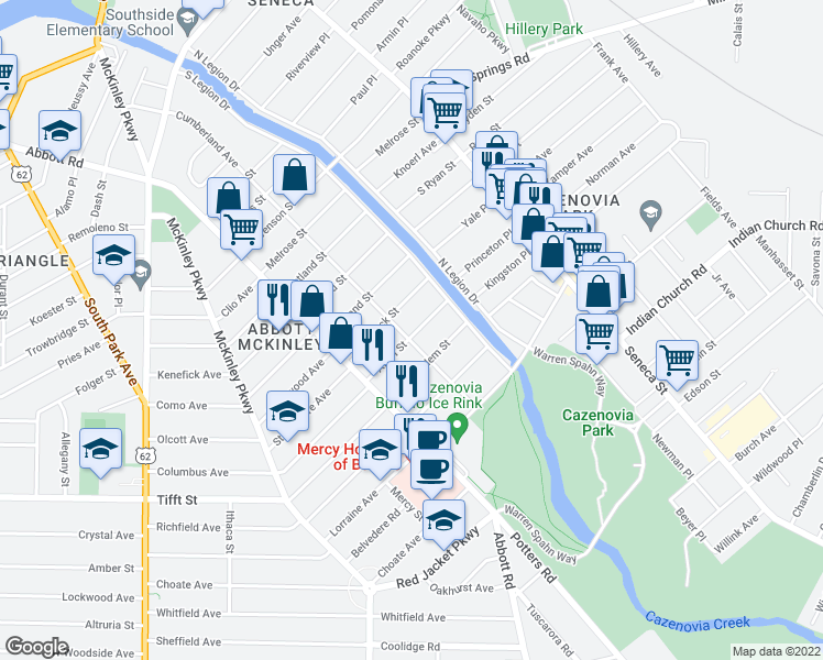 map of restaurants, bars, coffee shops, grocery stores, and more near 348 Cumberland Avenue in Buffalo