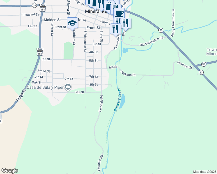 map of restaurants, bars, coffee shops, grocery stores, and more near 52 8th St in Mineral Point