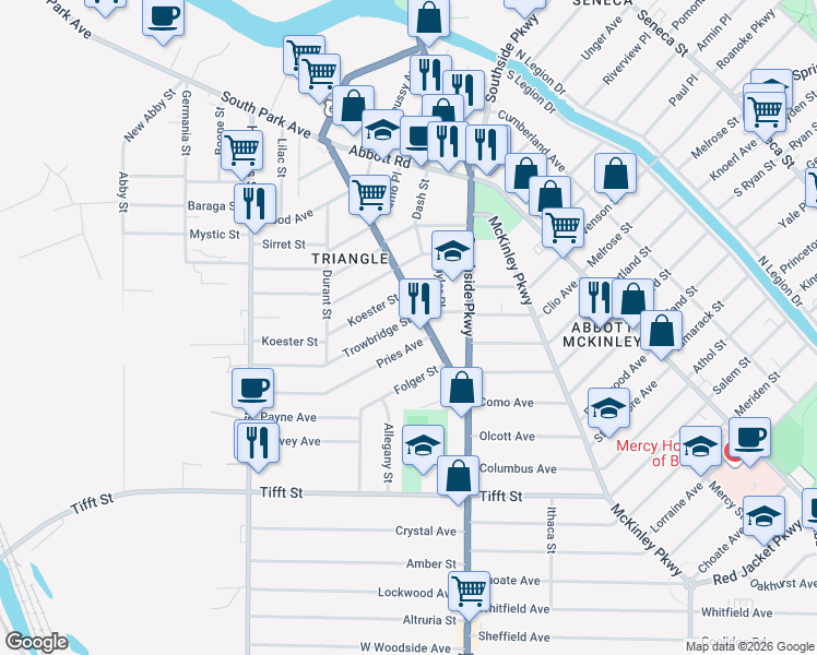 map of restaurants, bars, coffee shops, grocery stores, and more near 170 Trowbridge Street in Buffalo