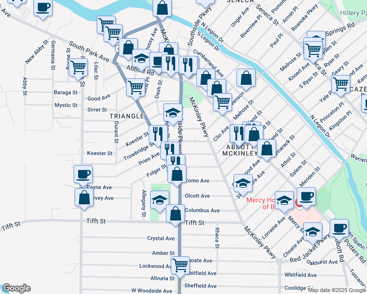 map of restaurants, bars, coffee shops, grocery stores, and more near 111 Southside Parkway in Buffalo