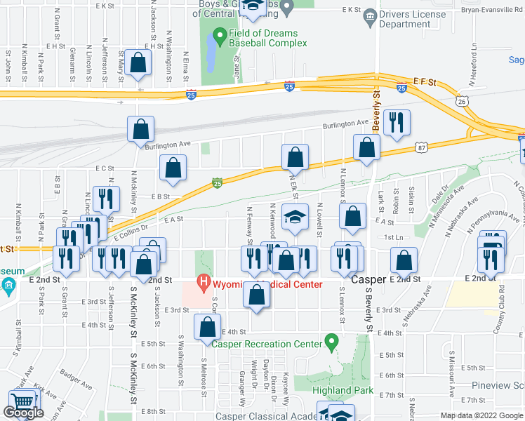 map of restaurants, bars, coffee shops, grocery stores, and more near 1522 East A Street in Casper