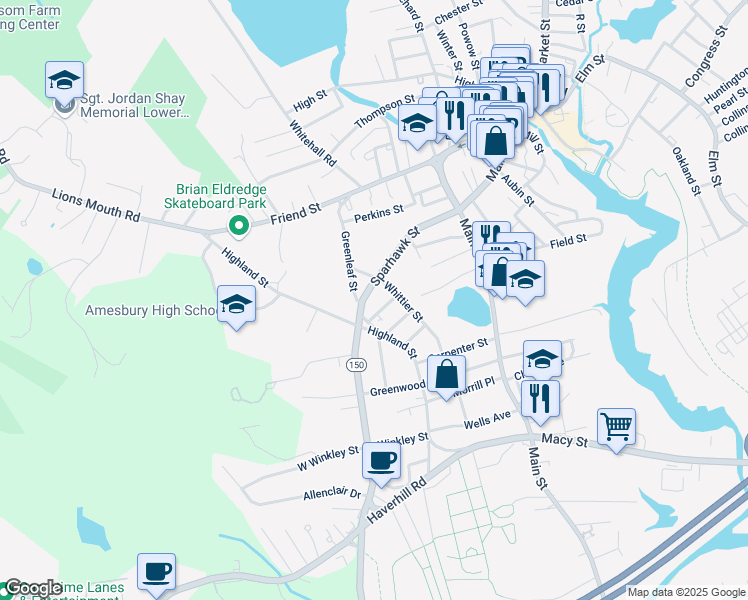 map of restaurants, bars, coffee shops, grocery stores, and more near 5 Harrison Avenue in Amesbury