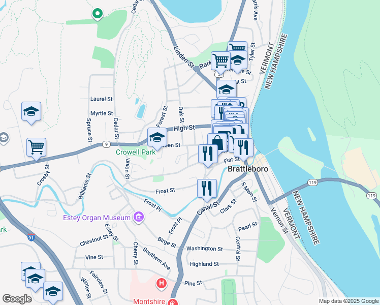 map of restaurants, bars, coffee shops, grocery stores, and more near 7 School Street in Brattleboro