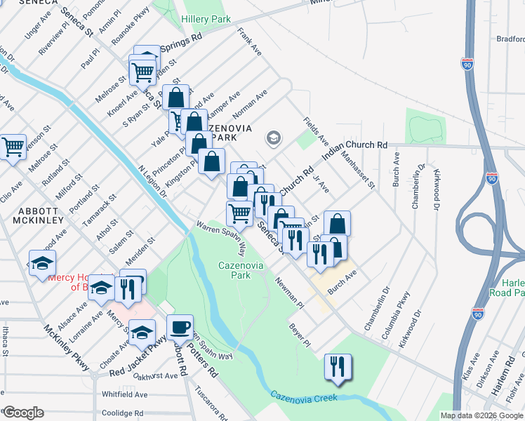 map of restaurants, bars, coffee shops, grocery stores, and more near 33 Indian Church Road in Buffalo