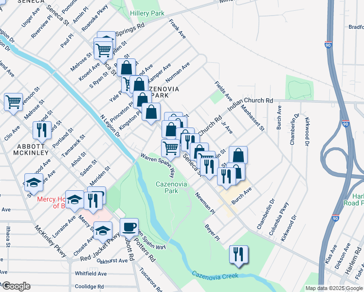 map of restaurants, bars, coffee shops, grocery stores, and more near 2238 Seneca Street in Buffalo
